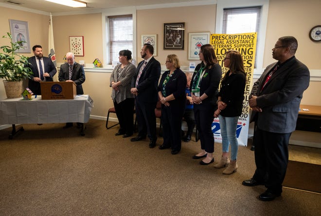United Way of St. Clair County 2018 campaign chair and board member Dan Damman, left, and board president Danny Negrin, second from left, introduce representatives from programs being funded by allocated funds during a press conference Wednesday, May 1, 2019 in UWSCC's Carriage House. The United Way is releasing over $81,000 to support various programs in the community.