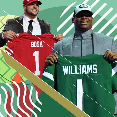 San Francisco's Nick Bosa and the Jets' Quinnen...