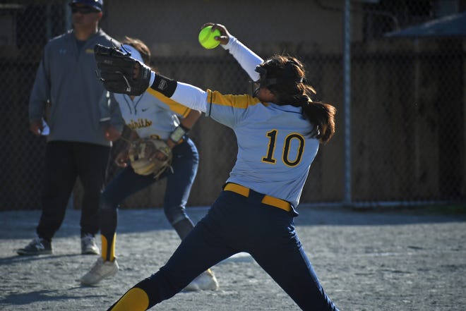 Notre Dame pitcher Samantha Rocha (10)  put on a show in Friday's game at Watsonville that earned the Spirits a share of the PCAL-Gabilan title and earned enough votes to win this week's Girls Athlete of the Week award.