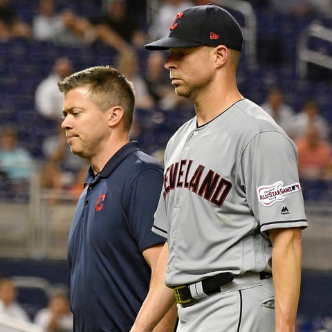 Corey Kluber walks off the field after being hit...