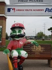 A Mr. Redlegs bench at the Cincinnati Reds Urban Youth Academy recently was vandalized.