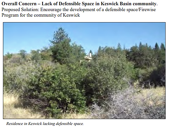 A photo in the Community Wildfire Protection Plan for Keswick shows a home lacking defensible space two years prior to the Carr Fire.