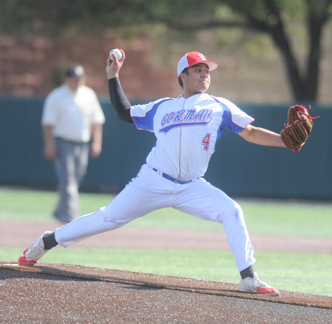 Gorman pitcher Asael Maldonado gets ready to deliver against Hamlin in the first inning of Game 2 of the teams' Region I-1A bi-district baseball series Friday, May 3, 2019, at Abilene Christian's Scott Field.