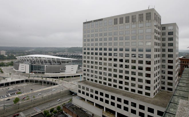 A view from the roof of The Reserve at Fourth and Race streets Downtown. This is looking southwest, showing Paul Brown Stadium and The Enquirer building at 312 Elm St.