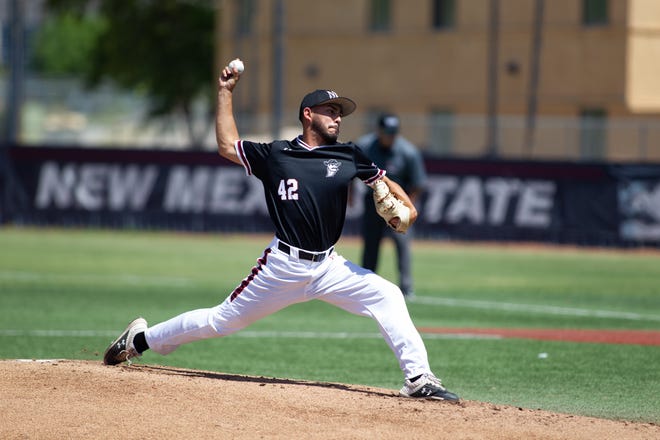 New Mexico State pitcher Aldo Fernandez delivers against Texas Rio Grande Valley on Saturday at Presley Askew Field.