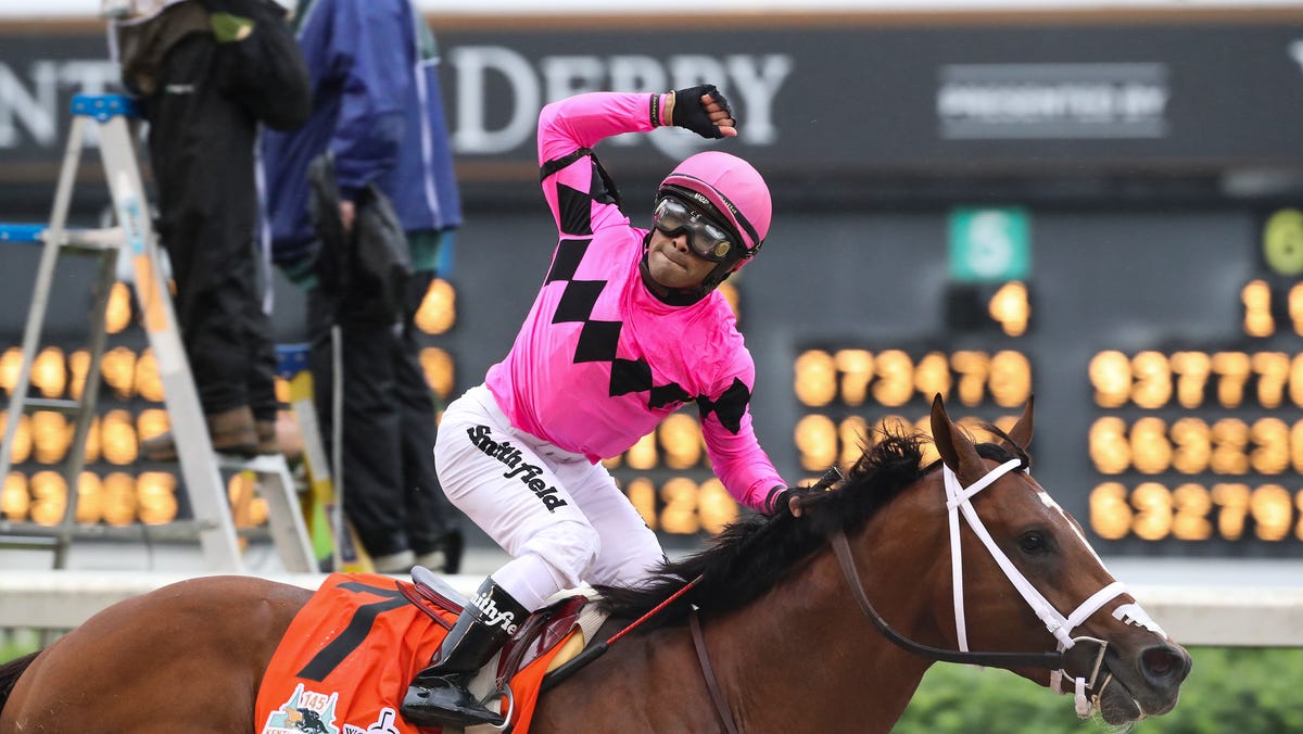 Jockey Luis Saez reacted after finishing first aboard Maximum Security in the Kentucky Derby at Churchill Downs, but was later disqualified. The decision awarded the race to Kentucky Derby 2019 winner Country House.  May 4, 2019.
