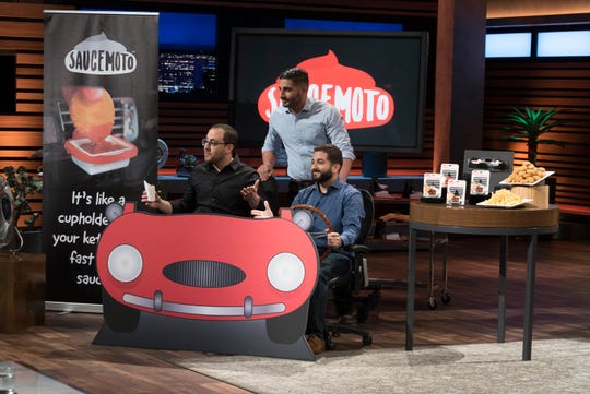 Cleveland entrepreneurs William Moujaes, Tony Lahood and Michael Koury present Saucemoto, their handy device that helps you enjoy fast-food condiments on the go, on "Shark Tank."