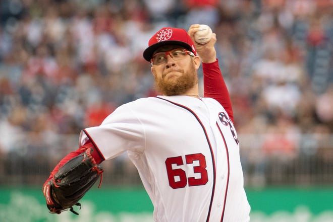 Apr 13, 2019; Washington, DC, USA;  Washington Nationals relief pitcher Sean Doolittle (63) delivers a pitch during the ninth inning against the Pittsburgh Pirates at Nationals Park. Mandatory Credit: Tommy Gilligan-USA TODAY Sports