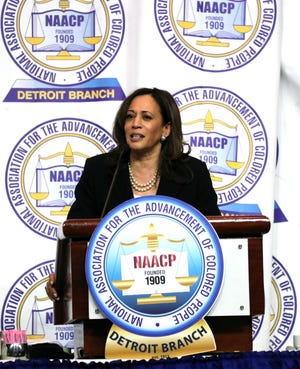 U.S. Sen. Kamala Harris addresses the 64th NAACP Fight for Freedom Fund dinner Sunday, May 5, 2019 at Cobo Conference Center in Detroit, Mich.