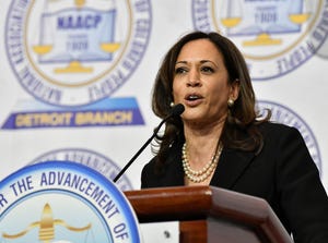 U.S. Sen. Kamala Harris gives the keynote address at the NAACP 64th Annual Fight For Freedom Fund Dinner at Cobo Center in Detroit on May 5, 2019.