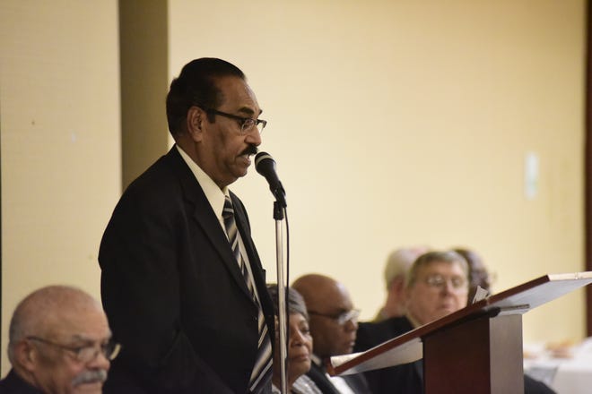 S.M. Saleem, Ph.D., speaks on the importance of love Saturday during an NAACP banquet in Mansfield.