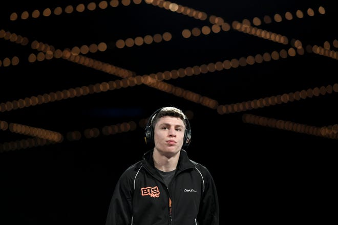 Rutgers University wrestler Nick Suriano warms up on the mat before the Beat the Streets "Grapple at the Garden" event on Monday, May 6, 2019, in New York.