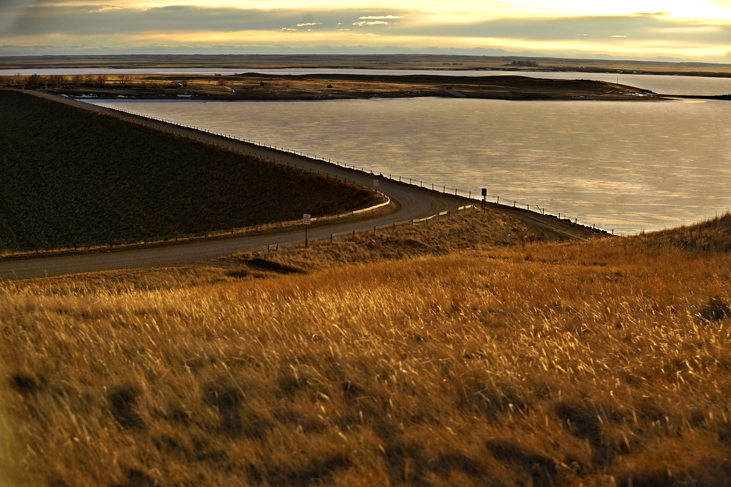 Tiber Dam and Lake Elwell at dusk.