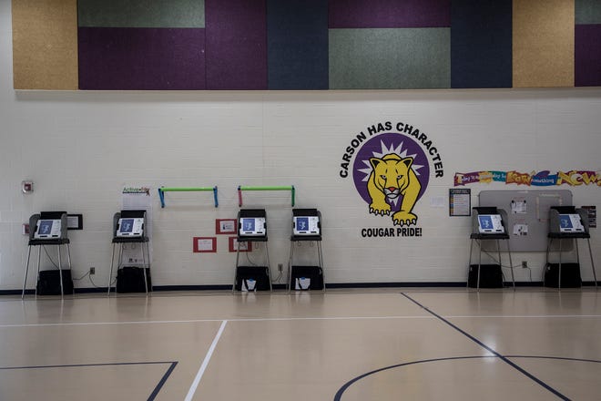 The gymnasium at Carson Elementary is filled with voting machines, but no voters. Election officials said there had only been around 60 people into vote by early Tuesday afternoon.