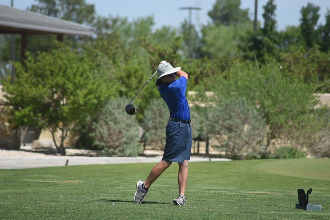 Eli House tees off on hole No. 1 Monday morning at Rockwind Community Links during the District 4-5A Golf Tournament.