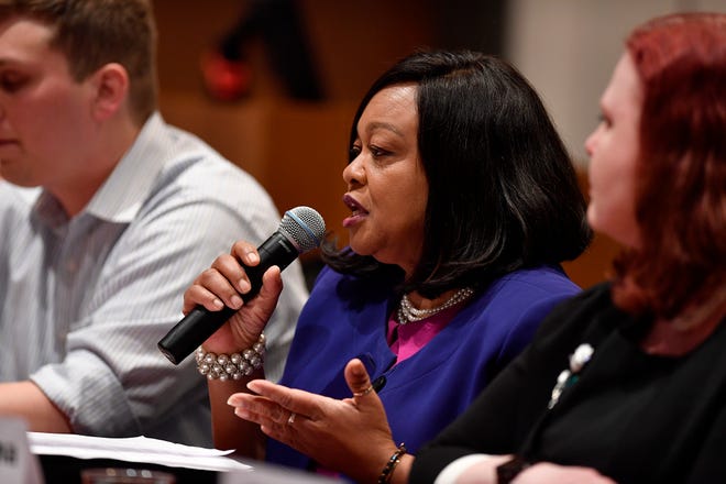 Sandra Harrison (D) candidate for Prothonotary, takes part in the York Stands Up bipartisan countywide candidates forum in the Weinstock Lecture Hall inside the Willman Business Center at York College, Monday, May 6, 2019.John A. Pavoncello photo