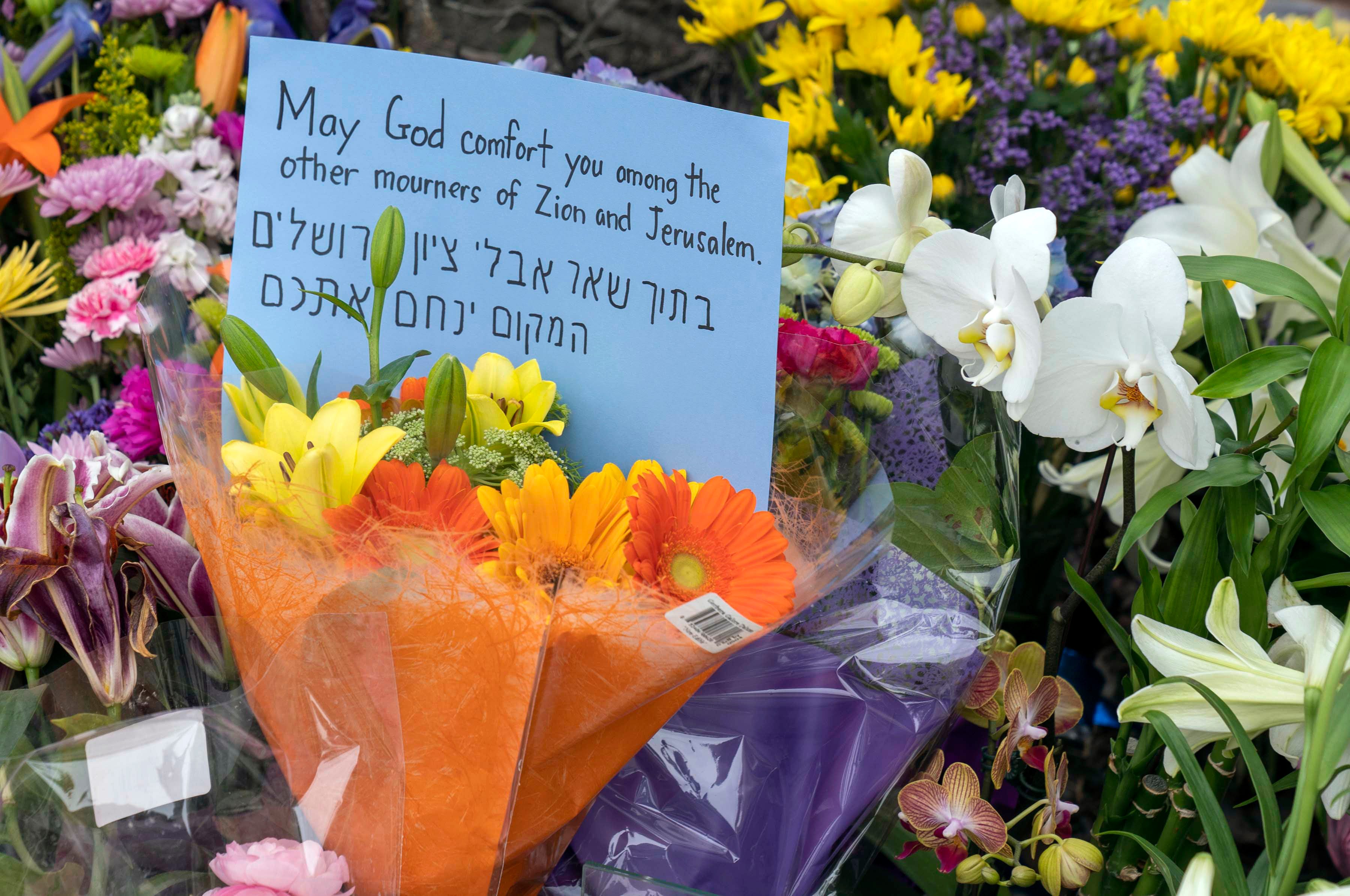 Flowers at a makeshift memorial outside Chabad of Poway synagogue on April 28, 2019.