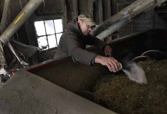 Steve Petersen adds probiotics and nutrients to cow feed in a feed mixer at his family dairy farm in Grand Chute on Tuesday. Petersen and his brother Mark work with a dairy nutritionist to reduce the phosphorous levels in manure.