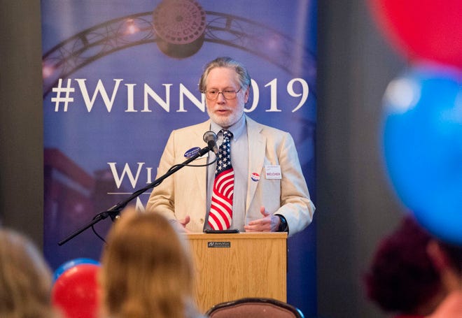 City Council third ward candidate Stephen Melcher (R) address the crowd during the Vanderburgh County Republican Party's watch party at Sauced! restaurant on Haynie's Corner Tuesday, May 7, 2019. 