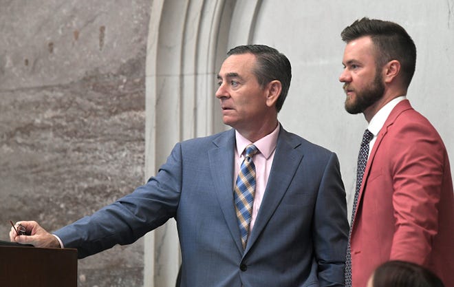 Tennessee's Speaker of the House of Representatives Glen Casada, left,  and his chief of staff Cade Cothren during session in Nashville on May 1, 2019.