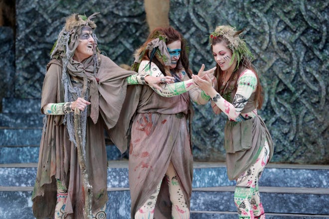The three witches (Patricia Carrico, Miriam Dady and Katherine M. Ruiz) cast their spells in Southern Shakespeare Festival's production of "Macbeth."