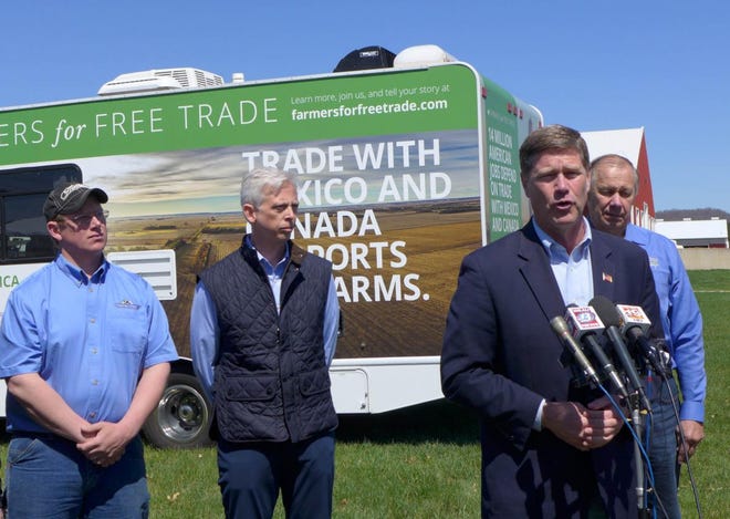 U.S. Rep. Ron Kind, D-Wisconsin, calls for ending trade disputes with China, Mexico and other trading partners Tuesday, April 23, 2019 at farm in Bangor, Wisconsin.