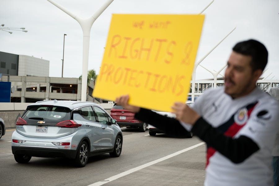 Uber and Lyft drivers in some cities across the country turned off their apps to strike for higher wages and benefits.Los Angeles, Calif.