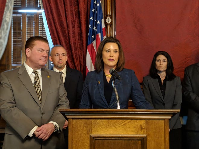Gov. Gretchen Whitmer speaks at a press conference on May 9, 2019 at the Michigan Capitol.