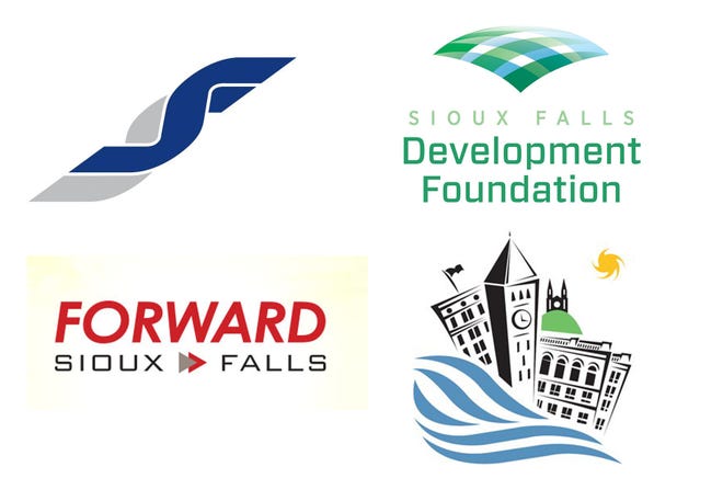 Clockwise from top left, the Chamber of Commerce logo, the Development Foundation, City of Sioux Falls and Foward Sioux Falls logos.