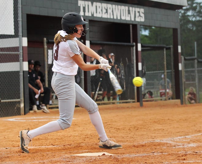 Chiles senior Kelsey Mead hits a three-run triple in the first inning as the Timberwolves beat Atlantic Coast 6-4 during a Region 1-8A quarterfinal softball game on Wednesday, May 8, 2019.