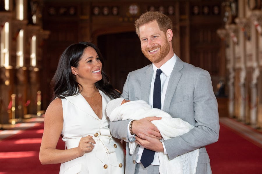 The Duke and Duchess of Sussex with their baby son, Archie, during a photo call in St George's Hall at Windsor Castle in Windsor, Britain on May 8, 2019.