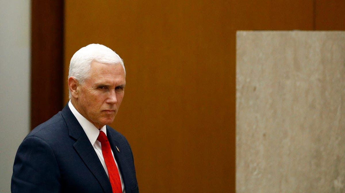 Vice President Mike Pence arrives to speak at the 49th Washington Conference on the Americas, Tuesday, May 7, 2019, at the U.S. State Department in Washington.