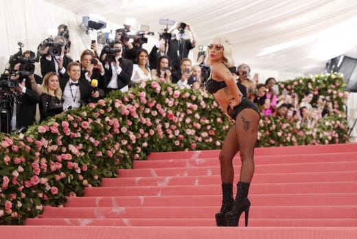 Lady Gaga arrives on the red carpet for the 2019 Met Gala, the annual benefit for the Metropolitan Museum of Art's Costume Institute, in New York on May 6, 2019. The event coincides with the Met Costume Institute's new spring 2019 exhibition, 'Camp: Notes on Fashion.'