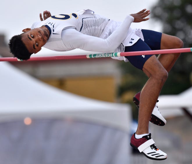 Stephenville's Kyle Lindsey clears the bar on his way to winning the Class 4A Boys High Jump at the UIL State Track & Field Championships in Austin Saturday May 11, 2019.