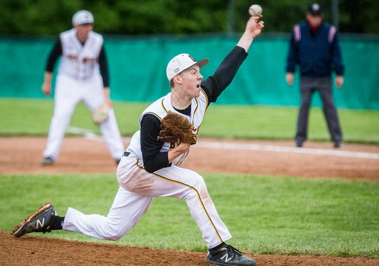 Daleville's Cayden Gothrup pitches against Yorktown in their county championship game at Yorktown High School Saturday, May 11, 2019.
