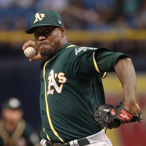 Edwin Jackson pitched for the Athletics in 2018.