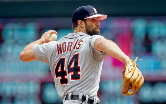 Detroit Tigers pitcher Daniel Norris plays against the Minnesota Twins in the first leg of a baseball game on Sunday, May 12, 2019 in Minneapolis.
