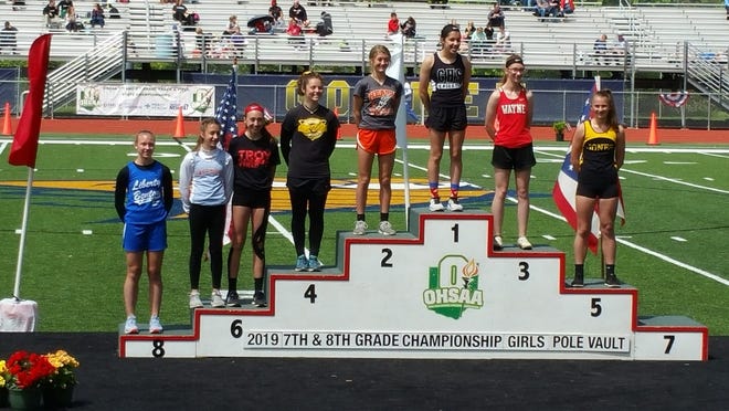 Heath eighth-grader Allie Dunlap and Watkins eighth-grader Victoria Harvey placed in the pole vault during Saturday's middle school state championships at Lancaster.