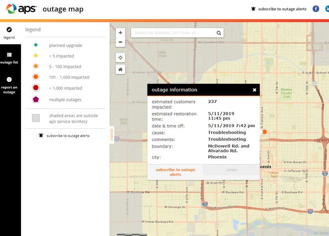 The APS online outage map showed several hundred people without power in central Phoenix as of about 8:30 p.m. Sunday, May 11, 2019.