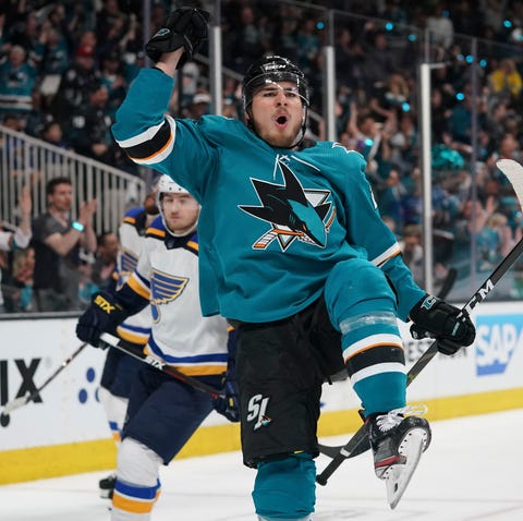 Sharks right wing Timo Meier celebrates after...