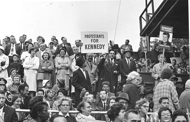 Some 4,000 supporters pack Asheville's McCormick Field in 1960 to hear Democratic presidential hopeful and Sen. John F. Kennedy. But a dense cloud cover forced Kennedy's plane to land in Charlotte from where he spoke to the crowd over a special telephone hook-up.