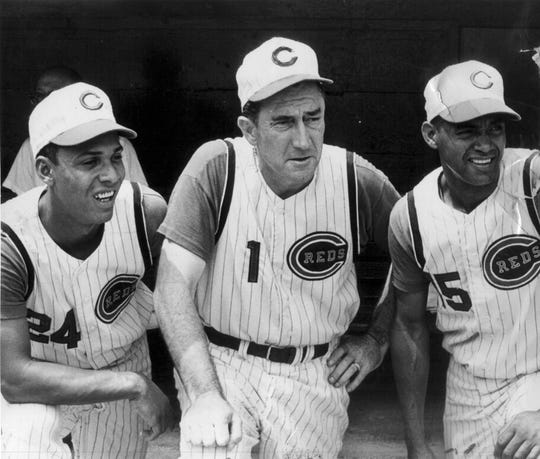 Left to right: Tony Perez, manager Fred Hutchinson and Chico Ruiz, photo from 1964