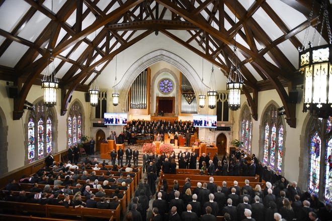 Robed judges make their way into the funeral of Judge Damon J. Keith at Hartford Memorial Baptist Church in Detroit, Michigan on May 13, 2019.