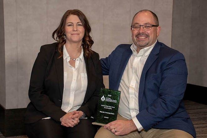 Wisconsin dairy farmer Dean Strauss, Majestic Crossing Dairy, wins one of three national Outstanding Dairy Farm Sustainability Awards at the eighth annual U.S. Dairy Sustainability Award ceremony on May 8 in Rosemont, Illinois. Pictured are Kris and Dean Strauss.