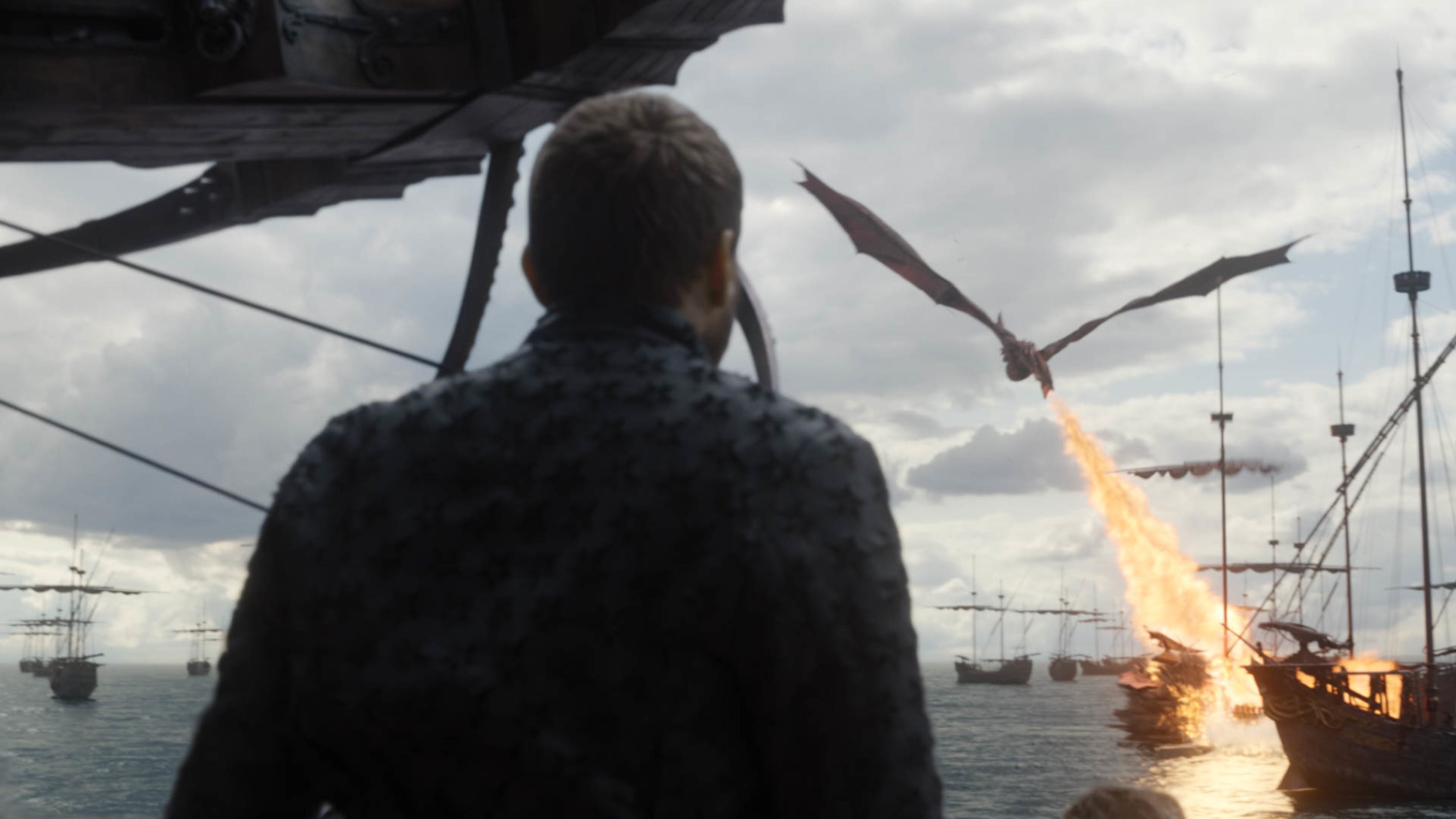 Euron Greyjoy (Pilou Asbaek) watches as Daenerys's dragon, Drogon, destroys his fleet in the penultimate episode of 'Game of Thrones.'