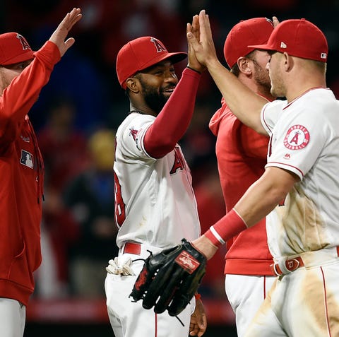 Angels players celebrate a win.