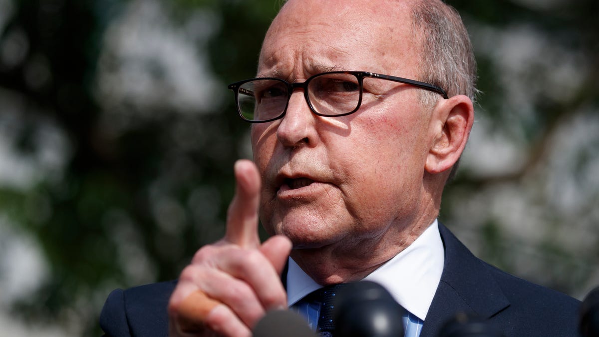 White House chief economic adviser Larry Kudlow speaks with reporters outside the White House in Washington on May 3, 2019.