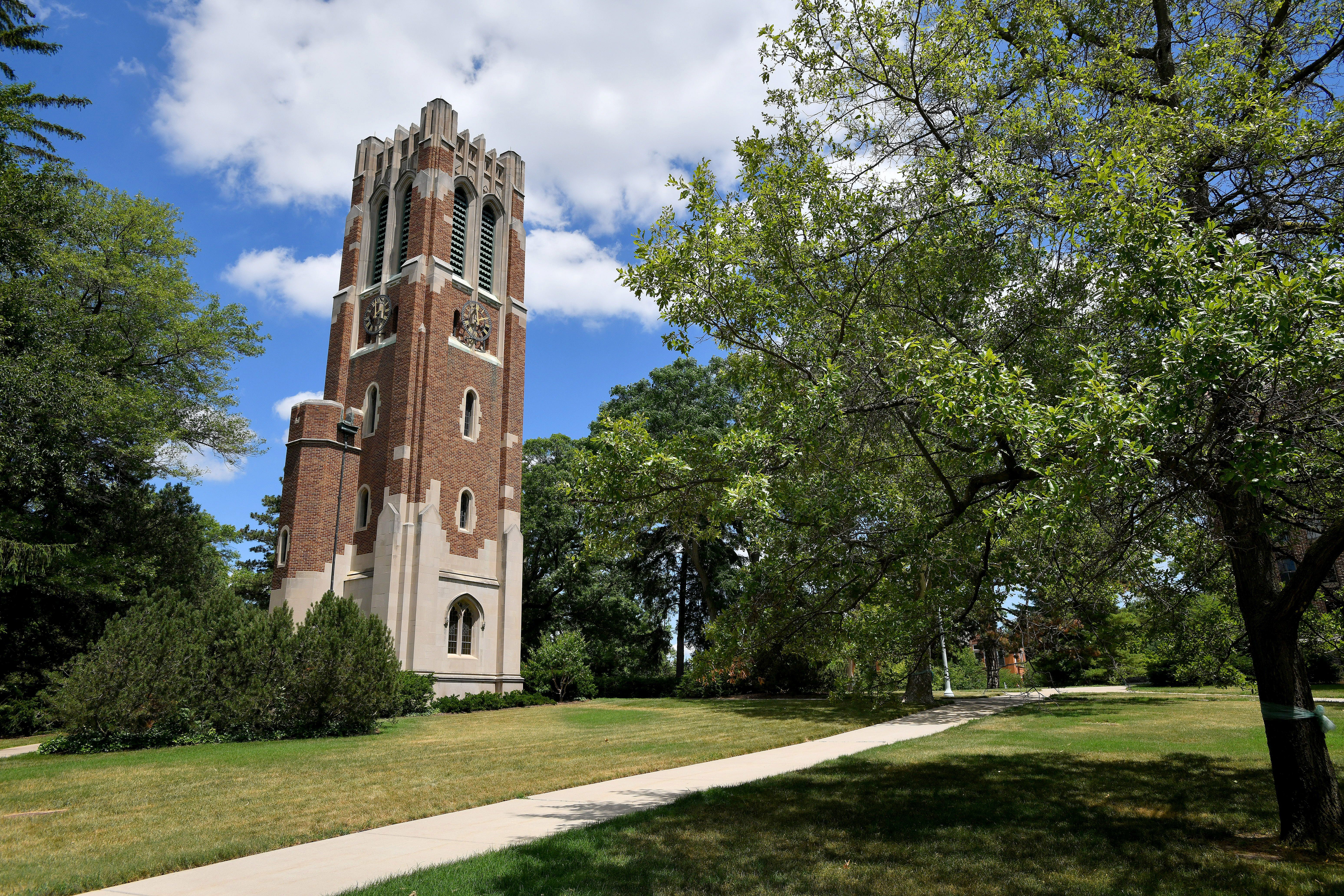 The Beaumont Tower stands on central campus at Michigan State University's East Lansing campus on July 2, 2018.