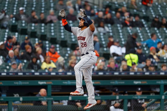 Houston Astros' Robinson Chirinos celebrates his solo home run in the second inning off Tigers starter Matthew Boyd Monday. The Astros beat the Tigers 8-1.