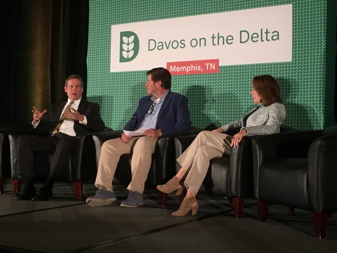 Tennessee Gov. Bill Lee speaks at a forum during the Davos on the Delta agricultural tech conference May 14, 2019, at The Peabody. With him are panel moderator Paul Noglows, executive producer of the conference, and Nancy Roman, CEO of Partnership for Healthier America.